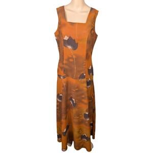 Vtg 70s Brown Burnt Orange Abstract Floral Artsy A-line Maxi Dress SZ L